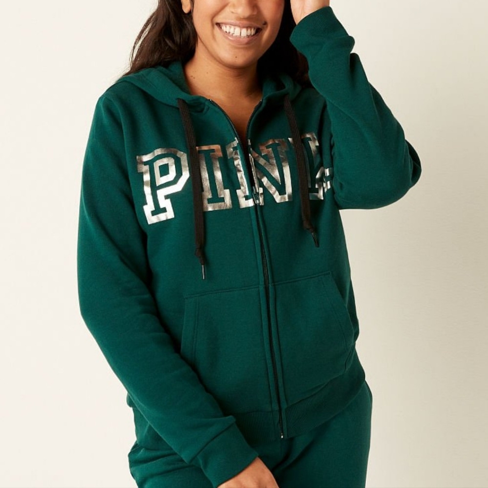 Victoria's Secret PINK XL Dark Garden Green Everyday Lounge Full-Zip Hoodie